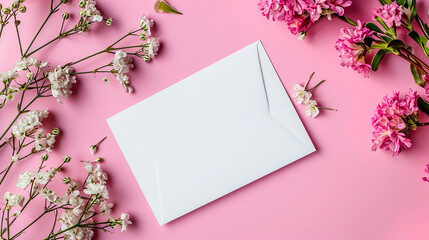 White blank greeting card on the pink background with flowers. Flat lay, top view. Spring decorative flowers and a white blank sheet of paper in the center.