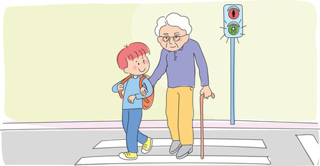 Child helping old man cross the street.