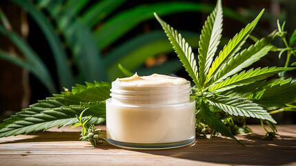 Obraz na płótnie Canvas Open glass jar with natural face and body cream containing CBD. Green hemp plant in the background. Wellness spa rejuvenation skin conditions treatment concept