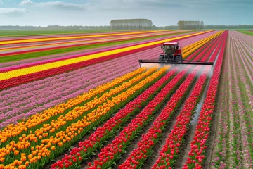 Gordijnen A vibrant red tractor dances amidst a sea of tulips, painting the sky with bursts of color as it tends to the outdoor plantation in the sprawling grassy field © Pinklife