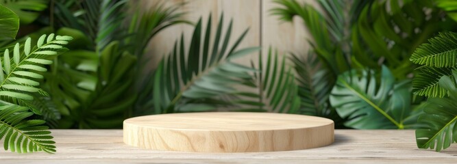 Fototapeta premium Stone tabletop podium, stand on the background of tropical leaves and plants. A platform or showcase for product presentation.