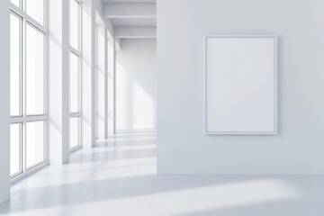 An empty white corridor with large windows, an empty rectangular painting on the wall.