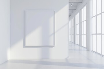 White, light interior, Scandinavian style, Floor-to-ceiling window, Empty large painting on the wall. minimalism.