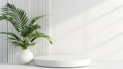 white podium with a large monstera in a pot with green accents beside it