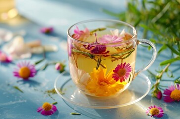 Fototapeta premium This photo showcases a simple and elegant glass cup filled with water and vibrant flowers, creating a serene and beautiful floral arrangement