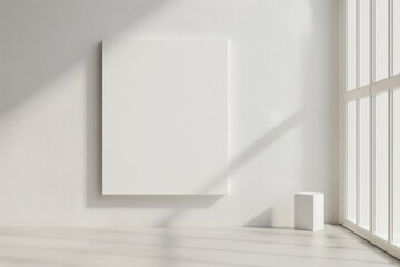 White, light interior, Scandinavian style, Floor-to-ceiling window, Empty large painting on the wall. minimalism.