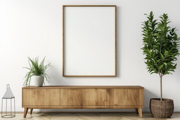 An empty wooden frame on the wall. Bright Scandinavian interior. - obrazy, fototapety, plakaty