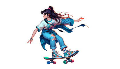 A young girl skateboard doing a jump trick, wearing street-style clothes transparent background 3