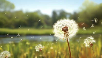 dandelion on the meadow. dandelion in the wind. dandelion being blown in the wind during spring time in nature. Dandelion flower floating. Sunshine and spring time nature