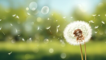 dandelion in the grass. dandelion in the wind. dandelion being blown in the wind during spring time in nature. Dandelion flower floating. Sunshine and spring time nature