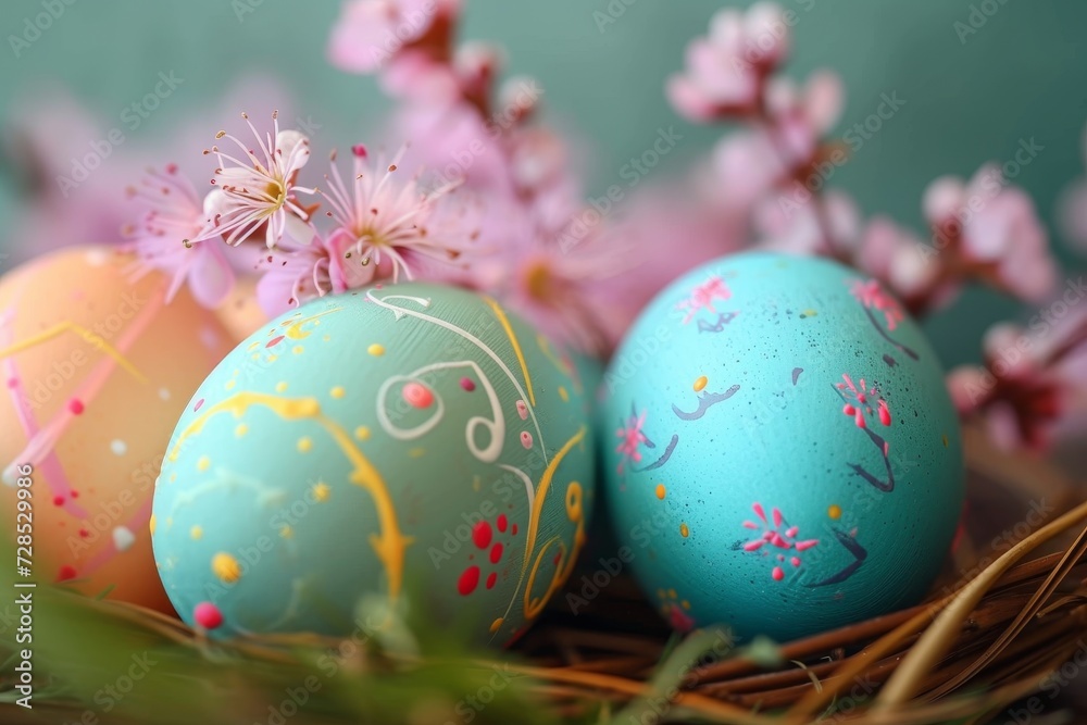 Wall mural Vibrant spring blooms adorn two delicate blue eggs, ready to be decorated for a joyous easter celebration