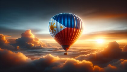 Illustration of a hot air balloon adorned with the philippine flag at sunset.