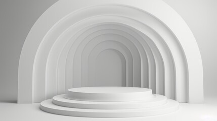 Empty round, white podium shape, for product demonstration, arches on a white background, minimalism.