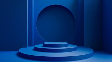 Empty round, blue podium shape, for product demonstration, on a blue background, minimalism. - obrazy, fototapety, plakaty
