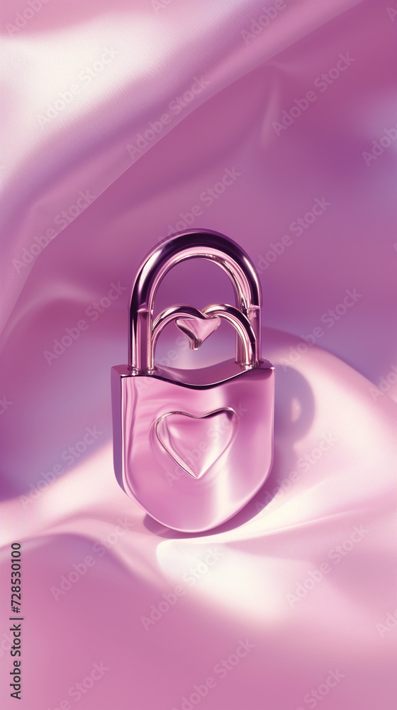 Wall mural An elegant silver pink  lock, adorned with intertwined hearts, graces a soft, romantic wallpaper in shades of pink or purple. A symbol of unbreakable love and commitment.
