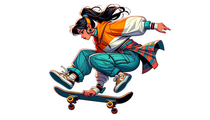 A young girl skateboard doing a jump trick, wearing street-style clothes transparent background