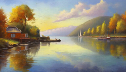 Oil painting of serene sunset over a lake or river, evening sky reflection, house by the water and dock