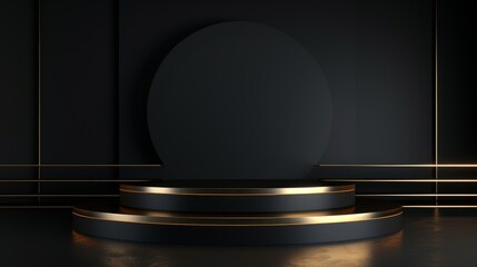 An empty round, black podium shape, with a golden outline, for product demonstration, on a black background, minimalism.