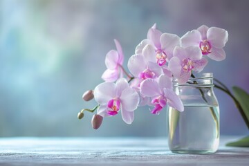 Pink orchids in a glass, transparent jar, an empty space on the left, for text, a banner. © EvaMur