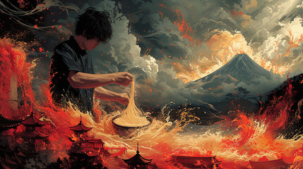 Surreal painting of a person playing a string instrument amidst a fiery, volcanic landscape with...