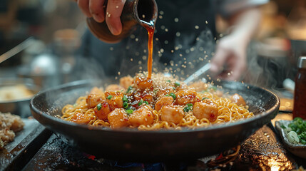 Chef garnishing pasta with sauce in a pan, action shot with flying food particles. - obrazy, fototapety, plakaty