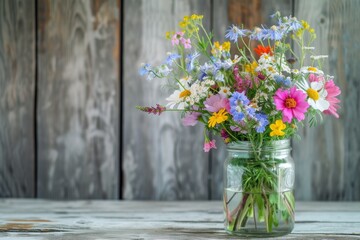 Wildflowers in a glass jar, summer flowers in a vase, banner, rustic style