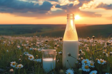 As the sun sets over the vast field of flowers, a bottle and glass of milk sit untouched, a peaceful moment captured in nature's beauty