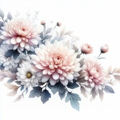 Artful Tranquility: Watercolor Chrysanthemums in a Serene Garden