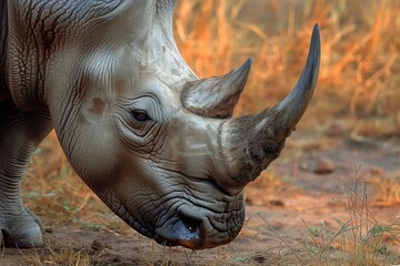 Fototapeta premium A majestic white rhinoceros stands proudly in the grassy field, its powerful snout and distinctive horn representing the resilience and beauty of these endangered terrestrial animals in the wild