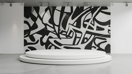 White podium with black and white abstract street art