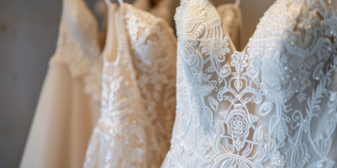 Obraz premium Elegant Wedding Dresses on Hangers. White lace wedding display. Simple background wallpaper for wedding dresses shop banner.