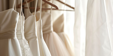 Elegant Wedding Dresses on Hangers. White lace wedding  display. Simple sunny background wallpaper for wedding dresses shop banner.