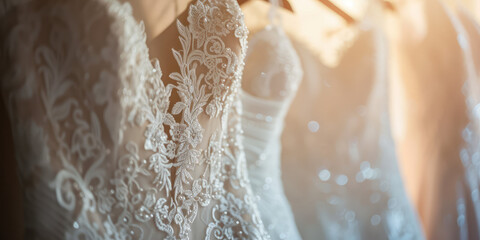 Elegant Wedding Dresses on Hangers. White lace wedding  display. Simple background wallpaper for wedding dresses shop banner.