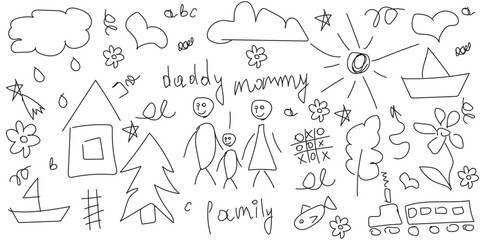 Childish scribble isolated white background. Children hand drawing rainbow tree flower family car set. Hand drawn doodle child element collection. Vector illustration. EPS 10 Editable stroke.