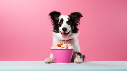 a front view of cute dog eating Plain yogurt in a bowl on a bright colored background_.jpg