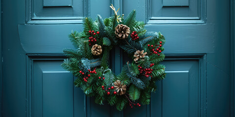Fototapeta na wymiar Festive Traditional Christmas wreath adorned with pine cones, berries, poinsettias on a blue door exterior, copy space.