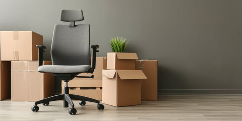 Office Relocation - Modern empty office chair, pile of stacked cardboard boxes, symbolizing moving in new office, copy space.