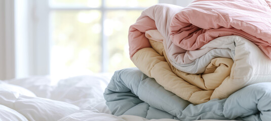 Pastel Folded Linens. Close-up of folded duvet covers, Background for home goods and bedding store. - obrazy, fototapety, plakaty