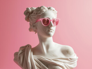 Antique Greece era marble statue young woman profile portrait in modern heart shaped pink fancy sunglasses pinky toned comic image. Modern fashion connected with antique ages and art items concept.