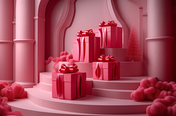 Elegant pink monochromatic scene with gift boxes and classic architecture, ideal for festive or luxury themes.