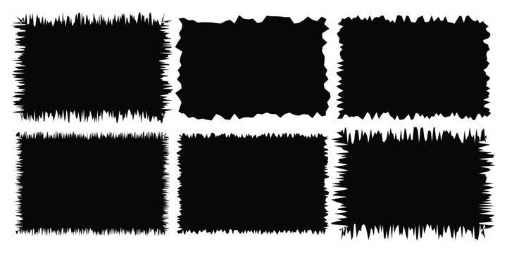 Torn paper pieces set. Black rectangle frames with jagged edges. Ripped rectangular shape silhouettes collection. Textured grunge element bundle for collage, text box, banner, sticker. Vector