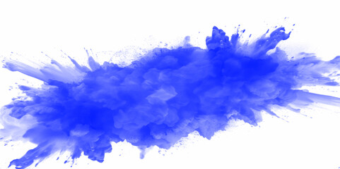 Blue holi paint color powder. Abstract blue dust explosion on white background. Blue holi paint color powder festival explosion burst isolated white background. Blue vibrant rainbow Holi paint color.	