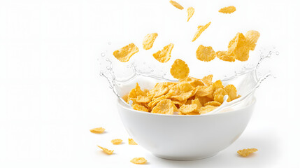 Corn flakes with milk splash in white bowl isolated on white background