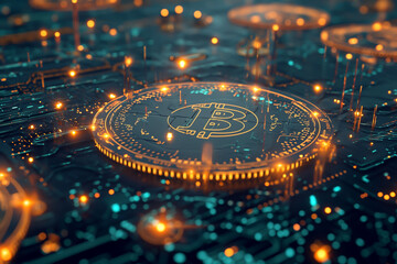 Fototapeta premium An intricate network of circuits with a shining Bitcoin symbol, depicting advanced cryptocurrency technology.