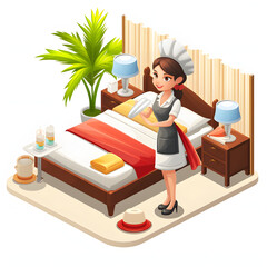 Maid service setting up a room in a luxury resort isolated on white background, png

