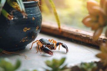 A menacing scorpion lurks near a pot of delicate plants, its invertebrate body ready to strike against any unsuspecting pests like a fierce arthropod defending its territory from an insect-like wasp - obrazy, fototapety, plakaty