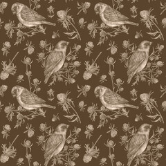 Large watercolor seamless pattern with birds and plants. Monochrome botanical handmade design for banners, prints, decor, interior design, textiles.