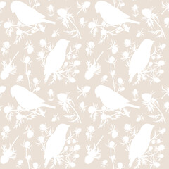 Large watercolor seamless pattern with birds and plants. Monochrome floral design for the internet, wallpaper, wrapping paper, phone case, textiles, fabric, postcards