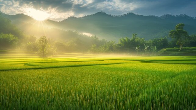 Morning rice paddy field. Generative AI