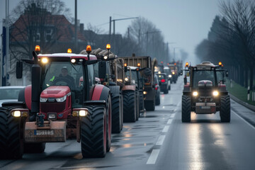 Striking tractor drivers block city streets and create traffic jams - obrazy, fototapety, plakaty